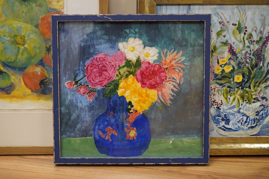 Caroline Conran (b.1939), oil on canvas board, Still life, flowers in a blue and white jug, signed with initials, 29.5 x 39cm, together with two watercolours comprising Still life, Green tomatoes and still life of flower